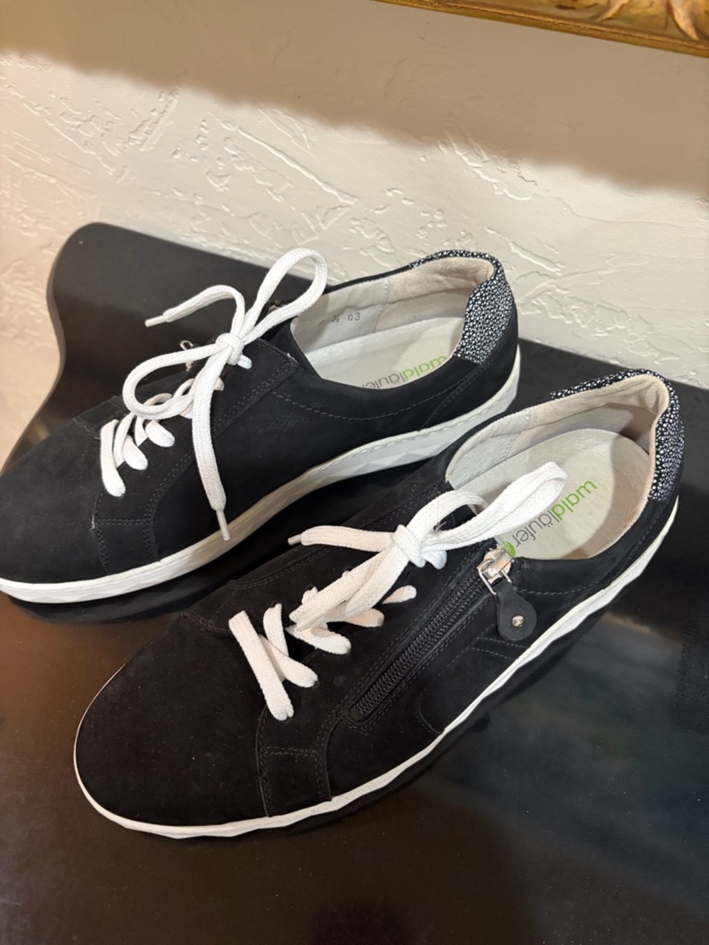 Black Suede Lace-Up Sneakers with White Sole and Side Zip